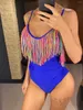 Women's Swimwear Sexy Colorful Fringe Tassel V Neck Cut Out One Piece Swimsuit Women Female High Leg Bather Bathing Suit Swim V5027