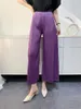 Calças femininas miyake original casual perna larga larga feminina 2024 primavera e verão na cintura alta pressão elástica
