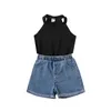 Clothing Sets Kids Girls Summer Clothes Outfits Solid Color Sleeveless Tank Tops And Stretch Casual Denim Shorts Set