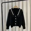 Kvinnors stickor Kort fast färg Cardigan Sweater Coat 2024 Spring Autumn Fashion Elegant Pin Bead V-Neck Långärmstick