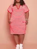 LW Plus -size jurken V Hals Gestreepte zakontwerp Jurk Zomer Korte Mouw Midi Dress Vestido Loose Casual Women Clothing 240419