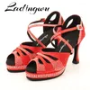 Chaussures de danse Latin Women's High Platform Glitter Rhingestone and Women Satin Ballroom Sandales Red 6-10cm Talon