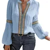 Women's Blouses Spring Lace Patchwork V-Neck Shirt voor modieuze lantaarn mouw losse femme tops 2024