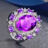 Cluster Rings Big 4 S Роскошные фиолетовые хрустальные аметисты Gemstones Цирконные бриллианты цветы для женщин