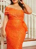 プラスサイズのドレスミスフォードオレンジスパンコールプロムドレスエレガントな女性片方の肩のノースリーフフリルボディコンパーツロングガウン