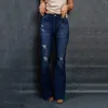 Kvinnors jeans denim mörkblå klassisk mitten av midjan mager fickor flare byxor byxor dagliga liv 90 -talets vintage kläder