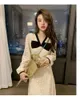 Casual Dresses Vintage Temperament Women's Bow V-neck Waist Slim Bubble Sleeves Beige Lace Elegant And Simple Beautiful