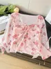 Women's Blouses Spring Summer Women Floral Tulles Shirts Sweet Cute Square Collar Flare Long Sleeve Pink Tops Slim Female Blouse