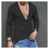 T-shirts pour hommes Us Mens Sexy Deep V Neck Solid Solid Solid Casual Slim Fit Long Long Color Top avec boutons avec une peau / confortable