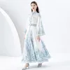 2028 Stampa floreale vintage Women Maxi Abite Stand V Neck Belt Abbattina Front Long Bell Sleeve Ladies A-Line Vacanze vacanze all'ingrosso Frump Summer Dropshipping