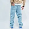 Proste stylowe mężczyźni rozryli łatki Hip Hop Loose Dżinsy Spodnie Streetwear Mężczyzna prosta dżinsowe spodnie 240420