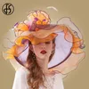 FS Organza Fascinators Chapeau pour les femmes Lédies Wide Brim Sun Sun Flowers Elegant Wedding Bride Church Party Fedoras 240401