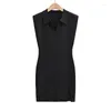 Casual jurken Stijlvolle mouwloze schouderuitbreiding Polo kraag bodycon jurk strakke taille temperament gesplit