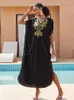 Party Dresses 2024 Vintage broderi KAFTAN SEXY V-HECK BATWING SLEEVE HIGH MIDE MAXI DRESS TUNIC Women Clothing Summer Beach Q660