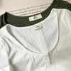 Women's T Shirts Vintage Henley Collar Snap Button Sunken Stripe Slim-Fit Short Sleeve T-shirt