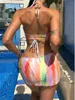 Женские купальники Сексуальные Rianbow Tie Dye Bikinis Устанавливает женские кольцо, связанные с вырезанным градиентным сетчатым платьем для купания купальники, прикрытие 3 штука