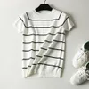 Wholesale Of Korean Striped Slim Fit Short Sleeved Sweaters, Knitted Sweaters, Slimming T-Shirts, Student Pullovers, Bottom Shirts, Top For Women