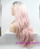 HD Body Wave Highlight Spets Front Human Hair Wigs For Women New Product Svart Upphöjd färg Pink Stor våg Långt lockigt hår Halvvävt Wove Wig With Syntetisk spets fron