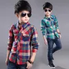 T-shirts 2023 Fashion Teenager Boys Shirt Kids Cotton Boys Plaid Shirts Long Sleeve England School Trend Children Clothes 9 10 12 14 15Y