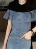 UCXQ High Street Moda Denim Longo Denim Denim Para Mulheres Ruffled Ruffled Pocket Vestres 2024 Spring outono 23A7393 240407