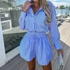 Fashion Stripe Twopiece Sets Ladies Single Breasted ShirtDrawstring Shorts Beach Suit Summer Casual Long Sleeve Office Outfits 240411