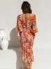طباعة الأزهار فانوس الأكمام الطويلة مرنة فستان ميدي نساء شيفون مثير الجسم الكشكشة الأنيقة في المساء فستان Vestidos 240422
