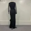 Robes décontractées 2024 Fime de maille féminine Longue robe noire de profondeur V enveloppe de cou hanche divisée haute taille femelle Ruffles irréguliers soirée de soirée