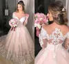 Romantic Blush Pink Wedding Dresses A Line Sheer Neck Long Sleeves Appliques Buttons Back Beads Sequins Women Engagement Dress Bridal Gowns Plus Size BC18683