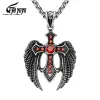 Necklaces EyeYoYo Men Animal Cross Necklace Eagle Dapeng Spread Wing Domineering Red Zircon Cross Pendant Necklace