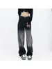 Women's Jeans Streetwear Fashion Black Washing Gradual Straight Autumn Y2K High Waist Slim Wide Leg Pants Hip Style