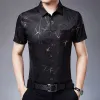 Koszule nowe letnie sukienki z krótkim rękawem Mężczyźni Silk bawełniany modny nadruk swobodne koszule Slim Fit Chemise Homme Men Odzież C779