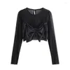 Dames blouses tule semi transparante blouse van vrouwen bowknot crop top sexy mesh streetwear met lange mouwen zwarte vrouw