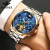 時計opingunke luxury men自動機械腕時計タングステンスチールウォッチトップブランドサファイアガラスの男性時計reloj hombre