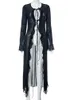 基本的なカジュアルドレスハガターメッシュ長袖ブラックカーディガンレースアップセクシーなミディドレス2023サマーファッションビーチパーティークラブ衣装240419