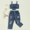 Clothing Sets Kids Girls Summer Denim Outfits Fashion Bowknot Sleeveless Cami Tops And Ripped Pants Jeans 2Pcs Clothes Set