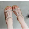 6PSR Sandals Girls Sandals Kids Summer Roman Shoes 2022 Elegant Pearl Rhinestone Party Princess Shoe Flats Non-slip Casual Girl Beach Sandal 240419