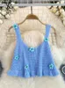 Singreiny Y2K Sweet Sticked Crop Tops 3D Blommor ärmlösa rygglösa kvinnor Fashion Summer Korean Style Chic Blue Beachwear Tank 240421