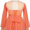 Festklänningar det är yiiya prom klänning orange tyll plöjning o-hals full ärmar snörning a-line-längd plus storlek kvinnor formella r285