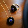 Halsband Miqiao S925 Silver Natural Black Shell Lapis Lazuli Retro Black Ring Stud Earrings Pendant Halsband Set Fin smycken