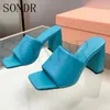 Slippers Square Toe Women Chunky Heel 2024 Summer Bunway Designer Candy Colors Ladies Outwear Fashion Dress