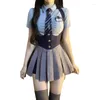 Kjolar jk uniform 2 bit set sommar sydkorea kort hylsa slips skjorta hög midje rem veckad kjol kostym kvinnors college dräkt