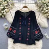 Women's Blouses Bohemia V-neck Vintage Bandage Top Women All Match Lantern Sleeve Loose Sweet Shirts Fashion Embroidery Patchwork Blouse