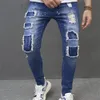 Mężczyźni stylowy High Street Raped Patch Pencil Dżinsy spodnie Mężczyzna swobodny szczupły dżinsowe spodnie 240417