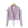 Tricots féminins 2024 Femme Bow Bow à manches longues Pull Cropped Slim Slim Short Jumper Tricotwear Purple Sexy Laçage Up Bandage Treen Cardigan