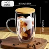 Weingläser 2pcs Transparent Doppelschicht Glasbecher mit Holzdeckel Löffel Haushalt Kaffeetasse 350/450 ml Cappuccino Espresso