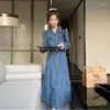 Casual Dresses Long Sleeve Lapel Shirt Denim Dress for Women 2024 Autumn Elegant Vintage Slim Fit A-Line Maxi Female 0806