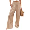 Pantalon féminin lin grand jambe boho style haute taille occasionnelle avec poches