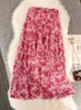 Kjolar vintage 2024 kvinnor sommar strand semester elastisk hög midja veckad kjol rosa blå blommig tryck elegant midi sexig klubb