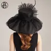 Fs geniş brim organza kapağı kadın için kadın şapkalar örgü tüyü çiçek tilinerisi düğün gelin elbise fedora 240401
