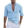 Mens de verão de algodão e linho camisa de lapela praia de manga longa de cor sólida para férias havaianas roupas 240419